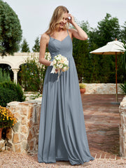 V-neck Spaghetti Straps Bridesmaid Dress With Slit Slate Blue