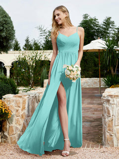 V-neck Spaghetti Straps Bridesmaid Dress With Slit Spa Plus Size