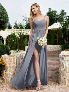 V-neck Spaghetti Straps Bridesmaid Dress With Slit Steel Grey