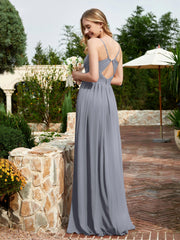 V-neck Spaghetti Straps Bridesmaid Dress With Slit Steel Grey