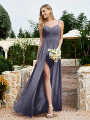 V-neck Spaghetti Straps Bridesmaid Dress With Slit Stormy