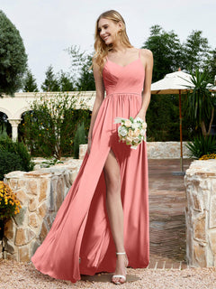 V-neck Spaghetti Straps Bridesmaid Dress With Slit Sunset Plus Size