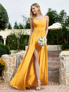 V-neck Spaghetti Straps Bridesmaid Dress With Slit Tangerine