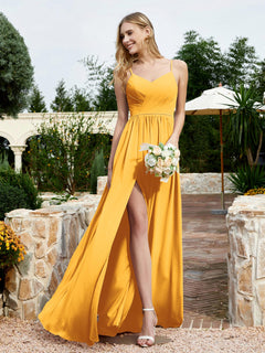 V-neck Spaghetti Straps Bridesmaid Dress With Slit Tangerine Plus Size