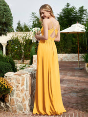 V-neck Spaghetti Straps Bridesmaid Dress With Slit Tangerine