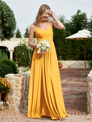V-neck Spaghetti Straps Bridesmaid Dress With Slit Tangerine