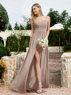 V-neck Spaghetti Straps Bridesmaid Dress With Slit Taupe Plus Size