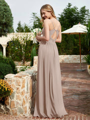 V-neck Spaghetti Straps Bridesmaid Dress With Slit Taupe