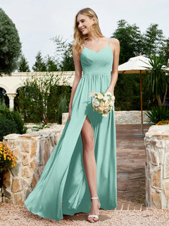 V-neck Spaghetti Straps Bridesmaid Dress With Slit Turquoise Plus Size