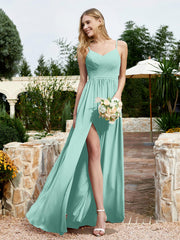 V-neck Spaghetti Straps Bridesmaid Dress With Slit Turquoise