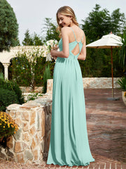 V-neck Spaghetti Straps Bridesmaid Dress With Slit Turquoise