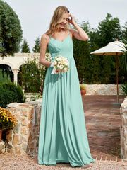 V-neck Spaghetti Straps Bridesmaid Dress With Slit Turquoise