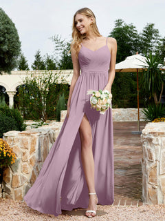 V-neck Spaghetti Straps Bridesmaid Dress With Slit Vintage Mauve Plus Size