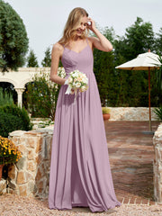 V-neck Spaghetti Straps Bridesmaid Dress With Slit Vintage Mauve