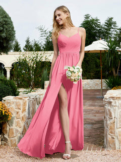 V-neck Spaghetti Straps Bridesmaid Dress With Slit Watermelon Plus Size