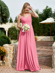 V-neck Spaghetti Straps Bridesmaid Dress With Slit Watermelon