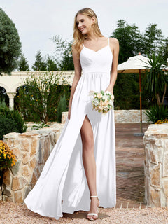 V-neck Spaghetti Straps Bridesmaid Dress With Slit White