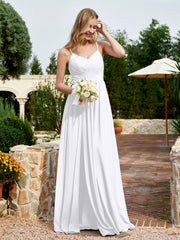 V-neck Spaghetti Straps Bridesmaid Dress With Slit White