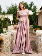 Satin Cap Sleeve Bridesmaid Dress With Pocket Dusty Rose