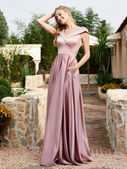 Satin Cap Sleeve Bridesmaid Dress With Pocket Dusty Rose