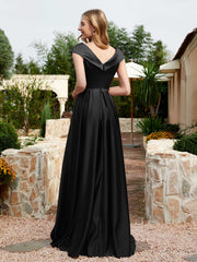 Satin Cap Sleeve Bridesmaid Dress With Pocket Black