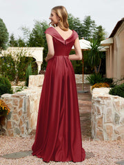 Satin Cap Sleeve Bridesmaid Dress With Pocket Burgundy