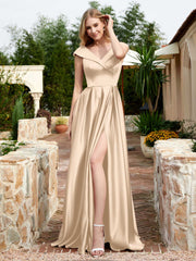 Satin Cap Sleeve Bridesmaid Dress With Pocket Champagne