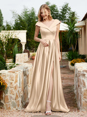Satin Cap Sleeve Bridesmaid Dress With Pocket Champagne