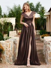 Satin Cap Sleeve Bridesmaid Dress With Pocket Chocolate
