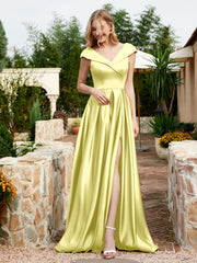 Satin Cap Sleeve Bridesmaid Dress With Pocket Daffodil