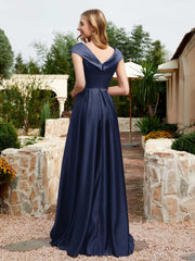 Satin Cap Sleeve Bridesmaid Dress With Pocket Dark Navy
