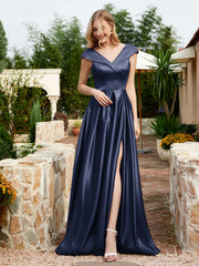 Satin Cap Sleeve Bridesmaid Dress With Pocket Dark Navy