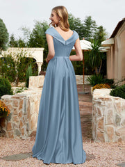 Satin Cap Sleeve Bridesmaid Dress With Pocket Dusty Blue Plus Size