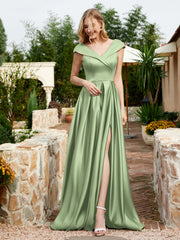 Satin Cap Sleeve Bridesmaid Dress With Pocket Dusty Sage