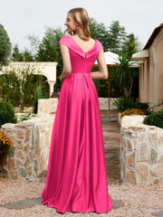 Satin Cap Sleeve Bridesmaid Dress With Pocket Fuchsia