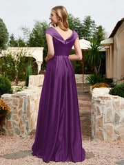 Satin Cap Sleeve Bridesmaid Dress With Pocket Grape Plus Size