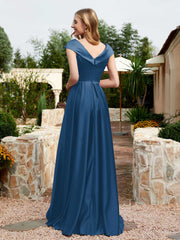 Satin Cap Sleeve Bridesmaid Dress With Pocket Ink Blue