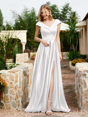 Satin Cap Sleeve Bridesmaid Dress With Pocket Ivory