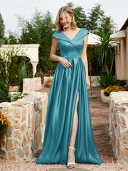 Satin Cap Sleeve Bridesmaid Dress With Pocket Jade