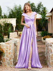 Satin Cap Sleeve Bridesmaid Dress With Pocket Lilac