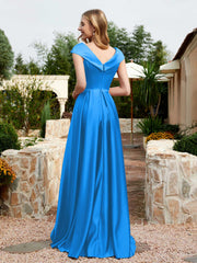 Satin Cap Sleeve Bridesmaid Dress With Pocket Ocean Blue