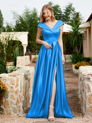 Satin Cap Sleeve Bridesmaid Dress With Pocket Ocean Blue