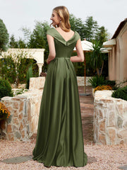 Satin Cap Sleeve Bridesmaid Dress With Pocket Olive Green Plus Size