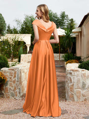 Satin Cap Sleeve Bridesmaid Dress With Pocket Orange