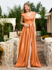 Satin Cap Sleeve Bridesmaid Dress With Pocket Orange