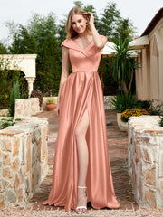 Satin Cap Sleeve Bridesmaid Dress With Pocket Papaya