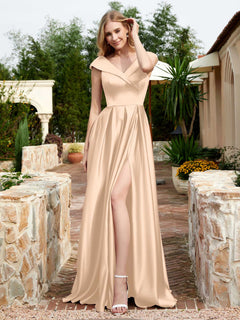 Satin Cap Sleeve Bridesmaid Dress With Pocket Peach Plus Size