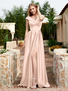 Satin Cap Sleeve Bridesmaid Dress With Pocket Pearl Pink