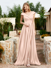 Satin Cap Sleeve Bridesmaid Dress With Pocket Pearl Pink