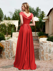 Satin Cap Sleeve Bridesmaid Dress With Pocket Red